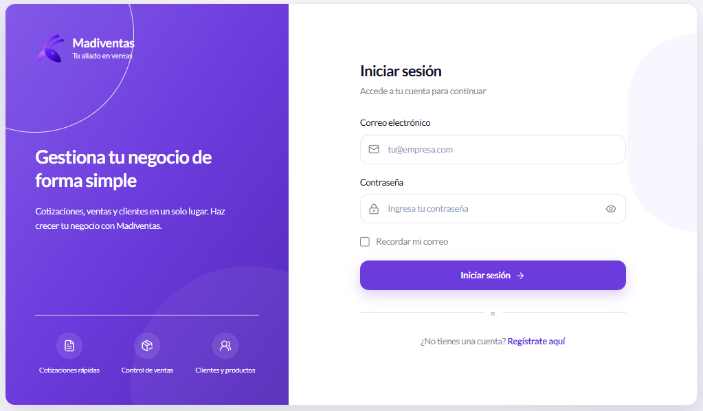 Pantalla de acceso de MadiVentas